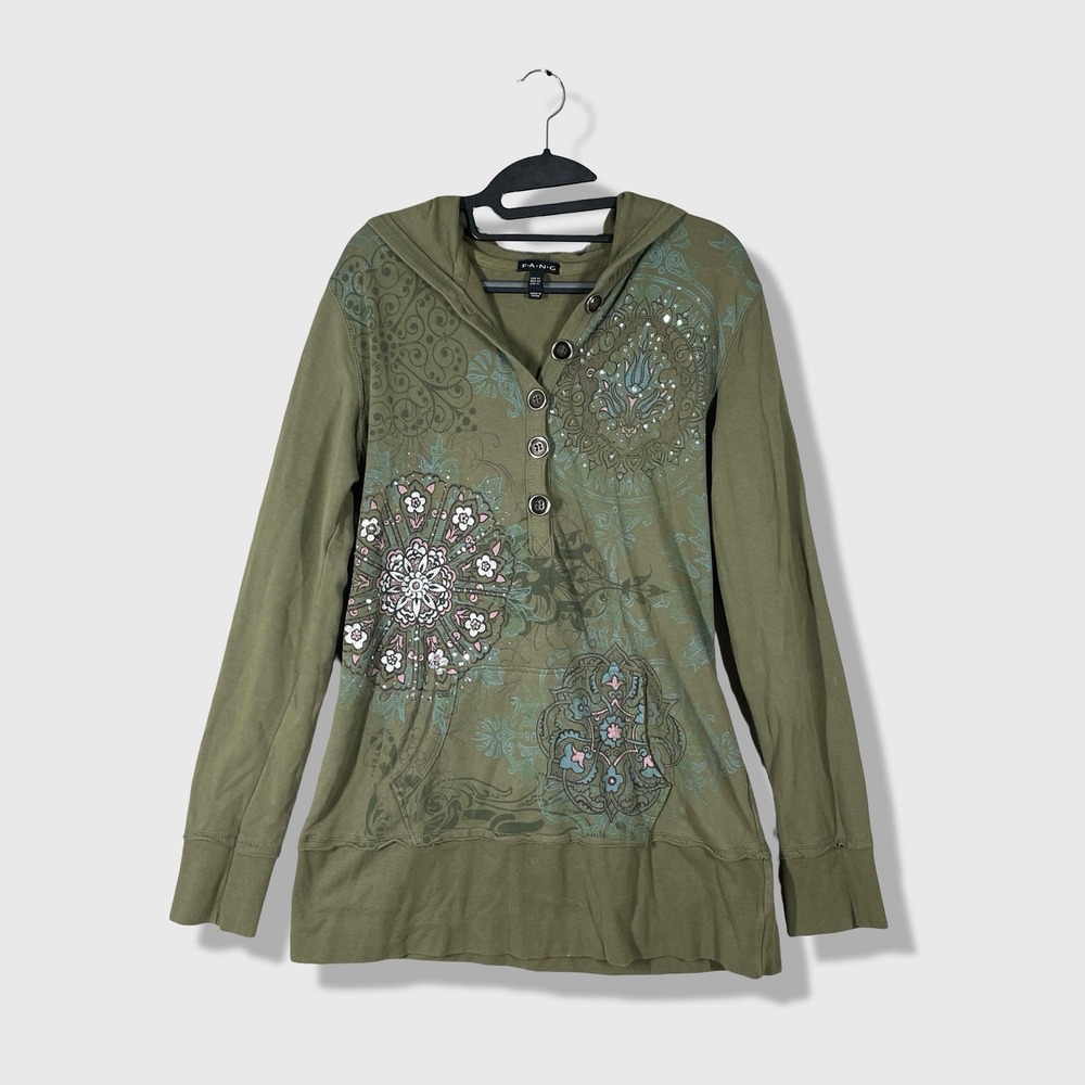 FANG Hoodie Pullover Women XL Green Boho Y2K Fairycore Indie Hippie Earthy